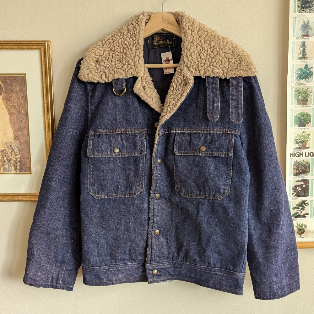 Vintage Sears 70s Men's Trucker Sherpa Denim Quilted Jacket, size small